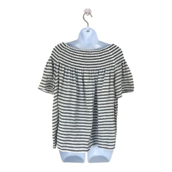 C & C California Womens Size L Gray White Linen Striped Smocked Off Shoulder Top - Picture 3 of 5